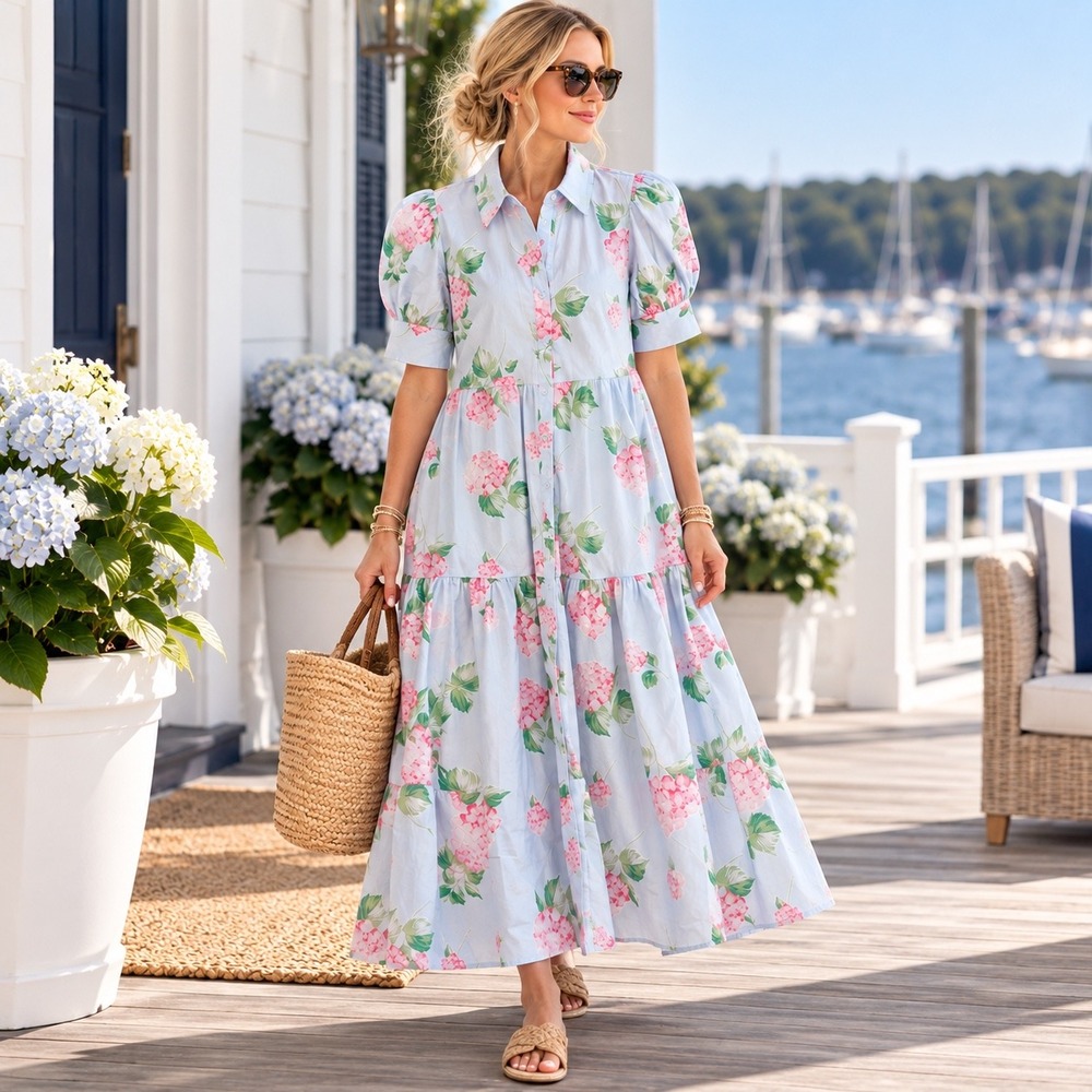 Crown & Ivy Hydrangea Floral Tiered Maxi Shirtdress Womens Sz M Blue Cottagecore